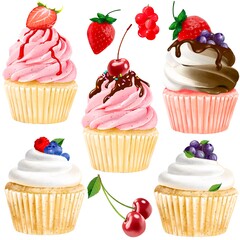 いちごとさくらんぼとブルーベリーののったオシャレなカップケーキのセットイラスト