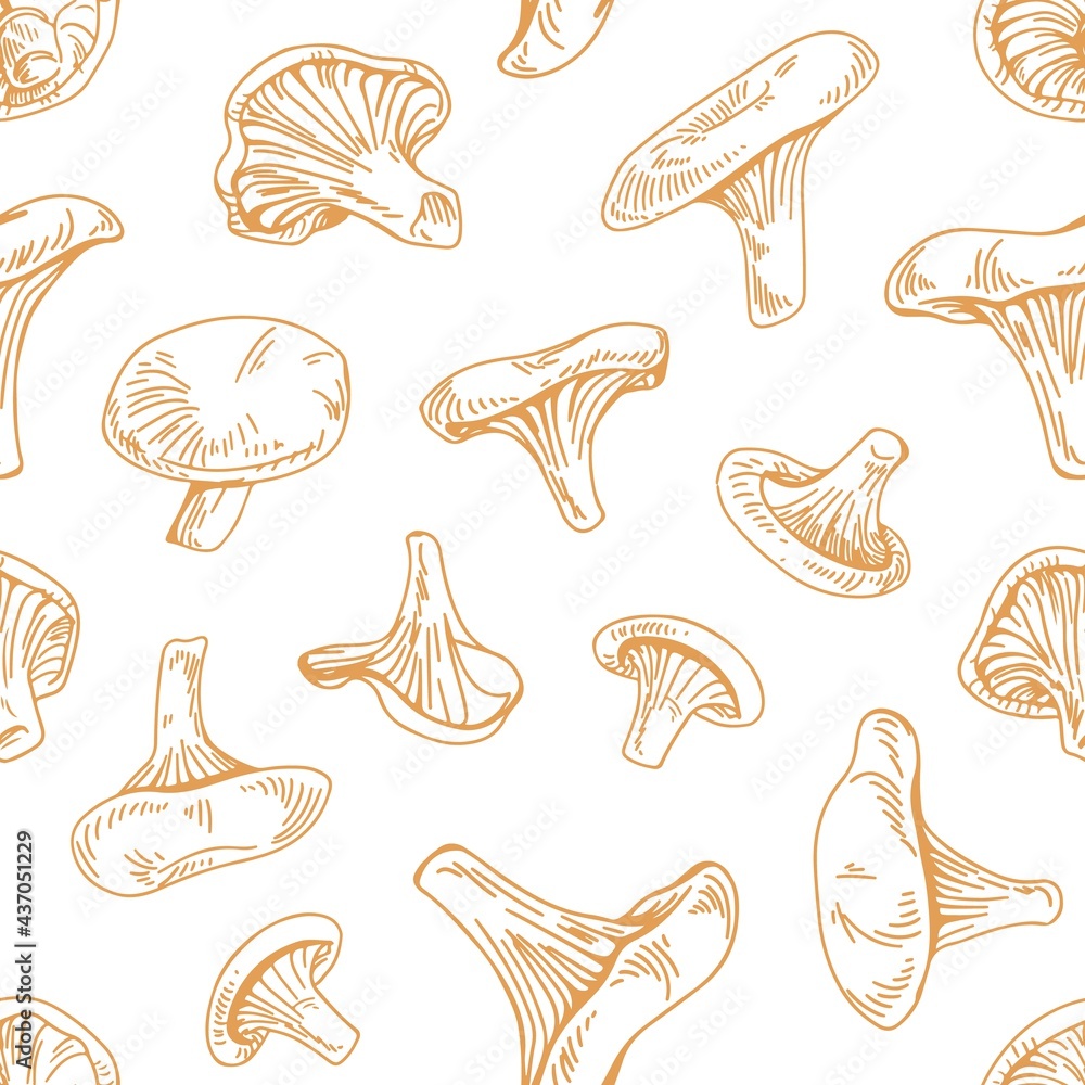 Aufkleber Seamless pattern with outlined chanterelle mushrooms on white background. Endless repeating texture with fungi engraving for printing. Hand-drawn contoured vector illustration in vintage style
