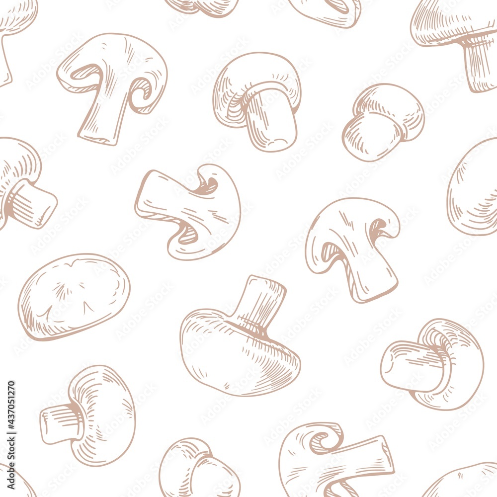 Poster Seamless pattern with outlined champignon slices and whole mushrooms on white background. Endless repeatable texture with fungi engraving for food package printing. Hand-drawn vector illustration
