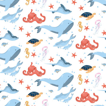 Seamless pattern with a variety of marine life. Cartoon-style animals swim in the ocean. Print on fabric or on notepads, background image for your design. EPS10.