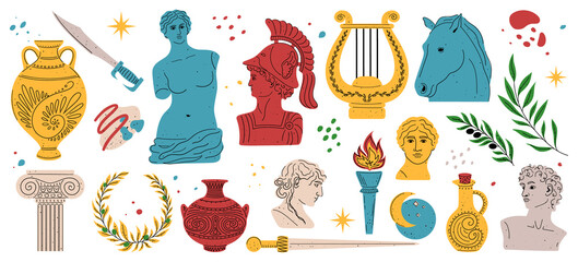 Modern style Antique greek sculpture set. Heads of woman, knight, horse. Branch, amphora, hand. Mythical ancient greek style