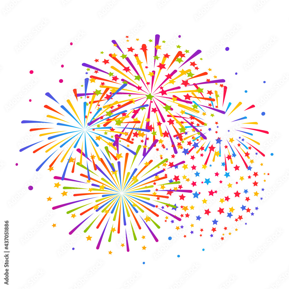 Sticker group of color fireworks isolated on white background for anniversary holiday design