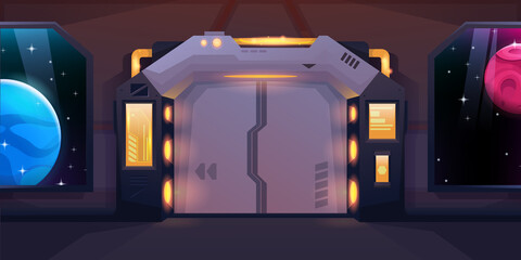 Hallway in spaceship with closed sliding doors. Yellow neon. Two viewports with a view of other planets. Vector cartoon design