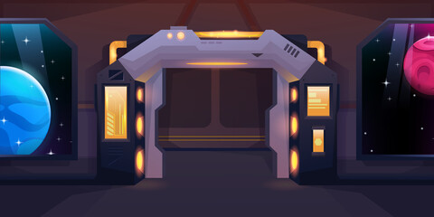 Shuttle interior with sliding open spaceship doors. Two viewports for a view of other planets. Vector cartoon style. © Igor