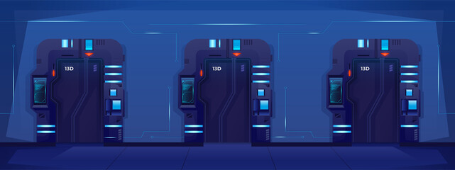 Closed doors in a prison on a spaceship. Spaceship jail. locked rooms. Vector cartoon illustration. © Igor