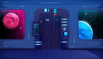 Spaceship closed door. Background for games. Shuttle interior. Hallway with two viewports with alien planet. Vector © Igor