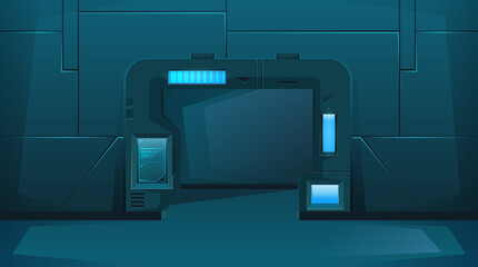 Open door on shuttle or spaceship with neon. Hud. Cartoon style. Vector © Igor