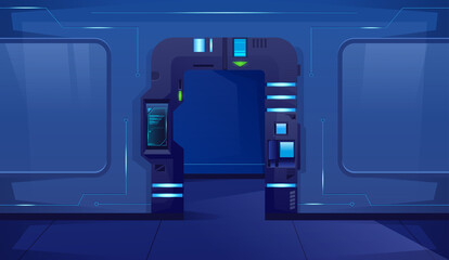 Hallway with open blue door in futuristic style. Spaceship Interior.Background for games and mobile applications. Vector cartoon background © Igor