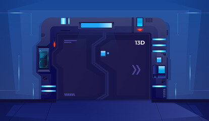 Sliding spaceship closed door with blue lamps. Background for games and mobile applications. Vector cartoon background