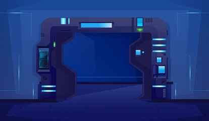 Spaceship sliding open door with blue lamps. Background for games and mobile applications. Vector cartoon background © Igor