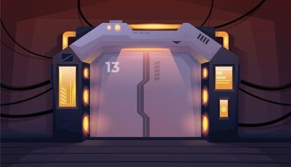 Futuristic interior room with spaceship door and with black cabels. Hallway. Background for games and mobile applications. Vector cartoon background © Igor