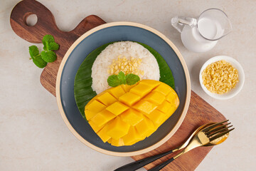 Ripe mango and sticky rice with coconut milk in a plate on stone   background, Thai sweet dessert on summer season.