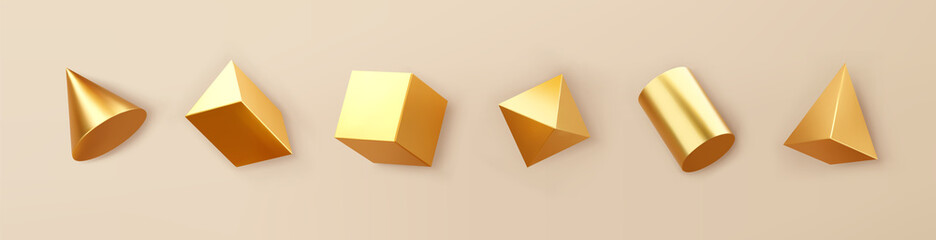 3d render gold geometric shapes objects set isolated on background. Golden glossy realistic primitives - cube, cylinder, cone, pyramid with shadows. Abstract decorative vector for trendy design