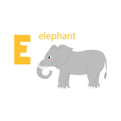 Cute elephant card. Alphabet with animals. Colorful design for teaching children the alphabet, learning English. Vector illustration in a flat cartoon style on a white background