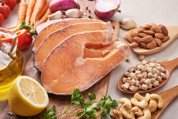 Balanced nutrition concept for clean eating flexitarian mediterranean diet Top view flat. Nutrition, clean eating food concept. Diet plan with vitamins and minerals. Salmon, Mix vegetables.