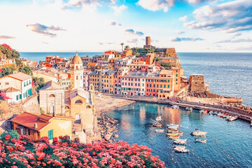 Vernazza village in Cinque Terre national park at sunset, Italy