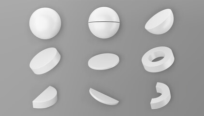 3d render white geometric shapes objects set isolated on grey background. White realistic primitives - sphere, cylinder, pipe, ring with shadows. Abstract decorative vector figure for trendy design