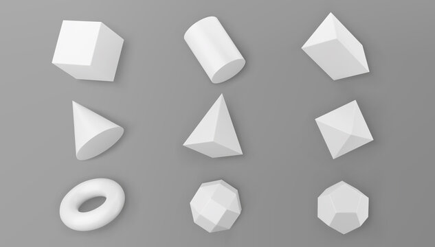 3d render white geometric shapes objects set isolated on grey background. White realistic primitives - cube, pyramid, torus, cone with shadows. Abstract decorative vector figure for trendy design