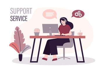 Cute woman in headphones helps customers. Assistant or operator works on company hotline