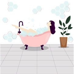 A girl in the bathroom. Bathing. Soap bubbles. Bath. Water treatment. The girl. Illustration. Poster. Beauty