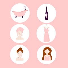  Icons. Avatars. Infographics. Morning routine. Bath. A girl getting cleaned up. Clothes. Toothbrush. Beauty