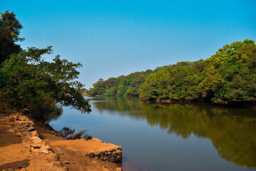 Fototapeta premium Amazing landscape of lake with crystal clear water and Perfect blue sky.