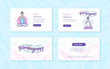 Morning Class Pranayama Visit Cards. Woman in cross-legged pose practicing breathing exercise. Calligraphy inscription. Vector illustration for logotype, poster, magazine, banner, t-shirt