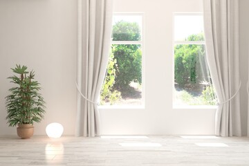 Fototapeta premium White empty room with summer landscape in window. Scandinavian interior design. 3D illustration