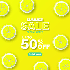 Paper Style. Summer Sale Banner template design with yellow lemon paper cut for banner, flyer, poster, invitation, digital, social media marketing advertising promotion.