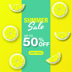 Paper Style. Summer Sale Banner template design with yellow lemon paper cut for banner, flyer, poster, invitation, digital, social media marketing advertising promotion.