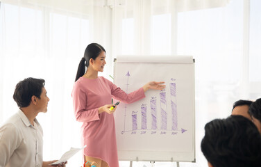 Smiling millennial female coach or presenter talk interact with multiracial colleagues at meeting, happy young woman tutor make flip chart whiteboard presentation at office briefing