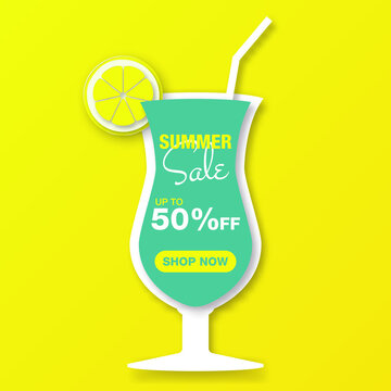 Paper Style. Summer Sale Banner template design with yellow lemon paper cut and drink for banner, flyer, poster, invitation, digital, social media marketing advertising promotion.