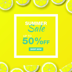 Paper Style. Summer Sale Banner template design with yellow lemon paper cut for banner, flyer, poster, invitation, digital, social media marketing advertising promotion.