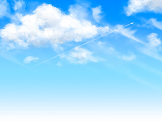 手書き風夏の青空と雲と飛行機雲 - obrazy, fototapety, plakaty
