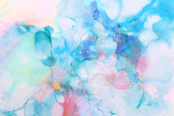 art photography of abstract fluid painting with alcohol ink, blue and purple colors
