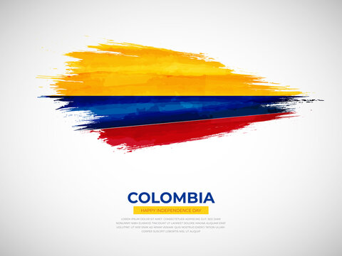 Grunge style brush painted Colombia country flag illustration with Independence day typography