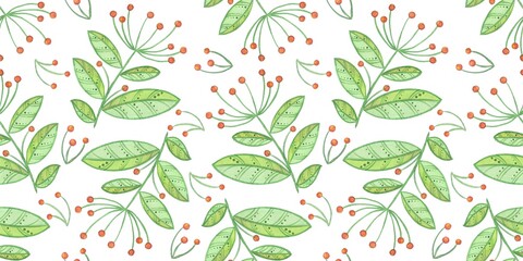 Watercolor seamless pattern, decorative green twigs with orange berries on a white background