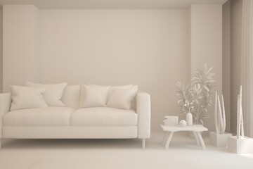 Mock up of stylish room in white color with sofa. Scandinavian interior design. 3D illustration