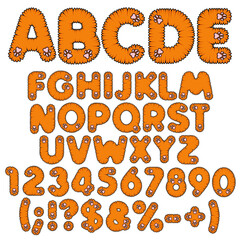 Naklejka premium Fluffy redhead alphabet, letters, numbers and signs with pink paws. Set of isolated vector objects on white background.