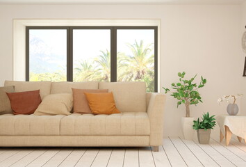 Soft color living room with sofa. Scandinavian interior design. 3D illustration