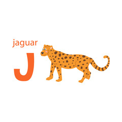Cute jaguar card. Alphabet with animals. Colorful design for teaching children the alphabet, learning English. Vector illustration in a flat cartoon style on a white background