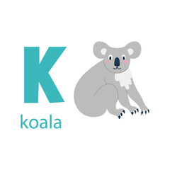 Cute koala card. Alphabet with animals. Colorful design for teaching children the alphabet, learning English. Vector illustration in a flat cartoon style on a white background