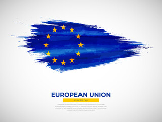 Grunge style brush painted European Union country flag illustration with europe day typography