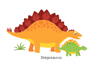 Vector cartoon dinosaur with baby isolated on white background. Stegosaurus.