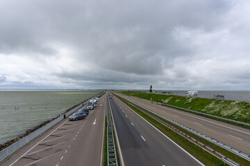 the highway leading across the dike from Den Oever to Zurich in northern Netherlands