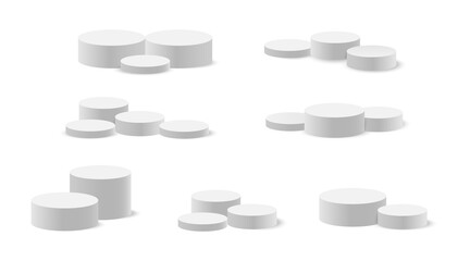 Set of realistic 3d white podium isolated on white background.Realistic round scene.Pedestal,platform,cylinder,stand stage.Vector.