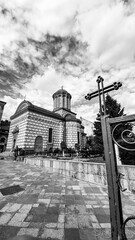 Black and white classical old romanian christian orthodox church