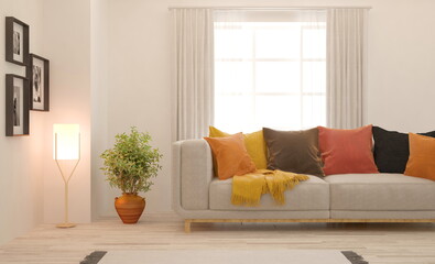 White living room with sofa. Scandinavian interior design. 3D illustration