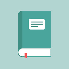 Book on green cover flat design vector illustration. Education and knowledge. Reading at school. Literature, Encyclopedia, notebook.