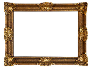 old  antique wide rectangular ornamental baroque gold plated picture frame with isolated background
